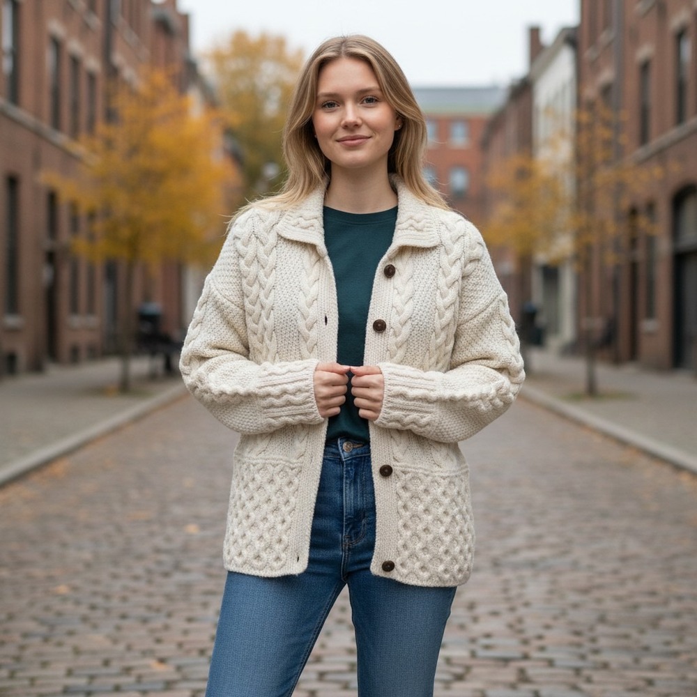Peregrine Cardigan Women Wool M Cream Cable Knit Fisherman Made in England